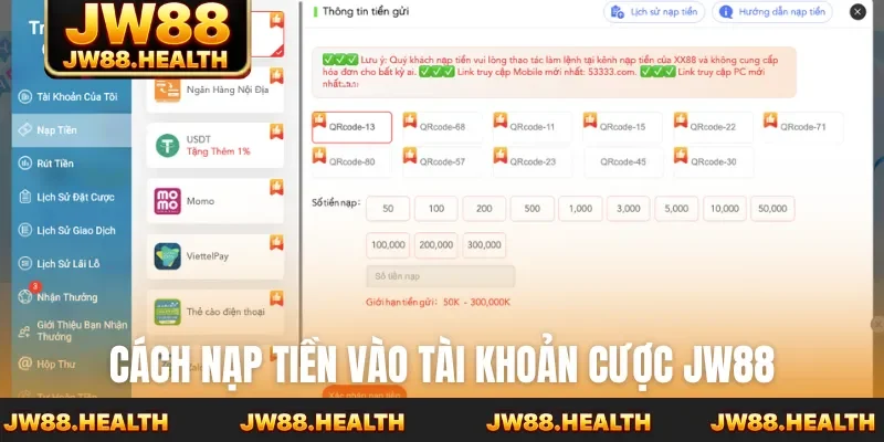 Cách nạp tiền vào tài khoản cược JW88