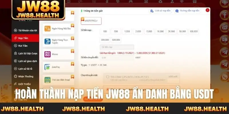 Hoàn thành nạp tiền Jw88 ẩn danh bằng USDT
